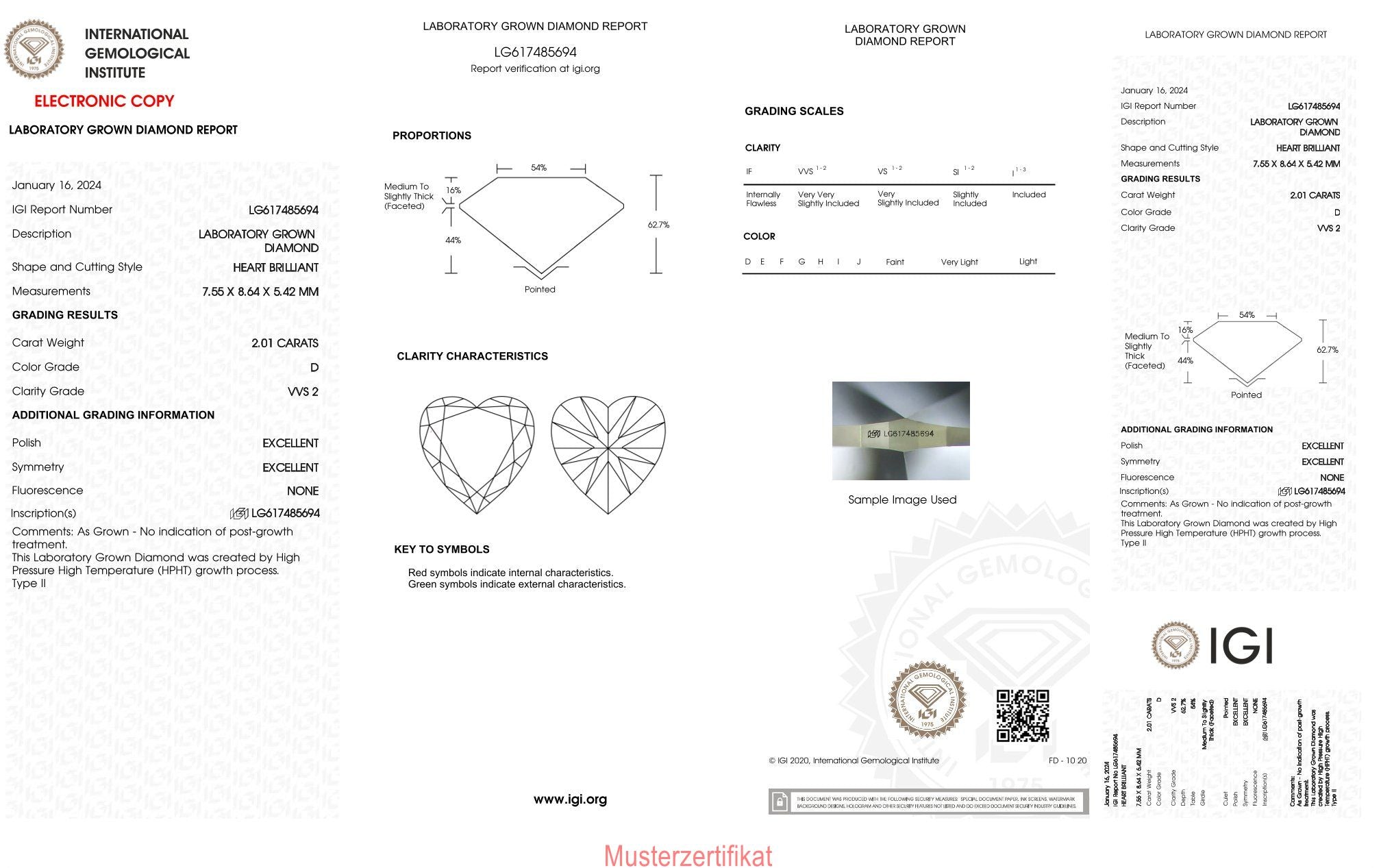 2.01ct IGI Heart Diamond, D/ VVS2, Laboratory Diamond, Lab Grown, Certificate, CVD, HPHT