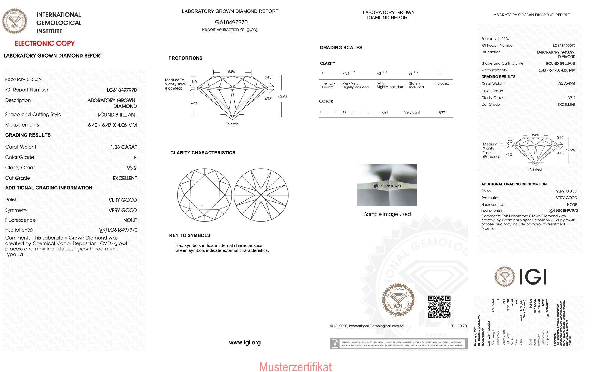 1,03ct IGI Diamant, E/ VS2, Labordiamant, Lab Grown, Zertifikat, CVD, HPHT