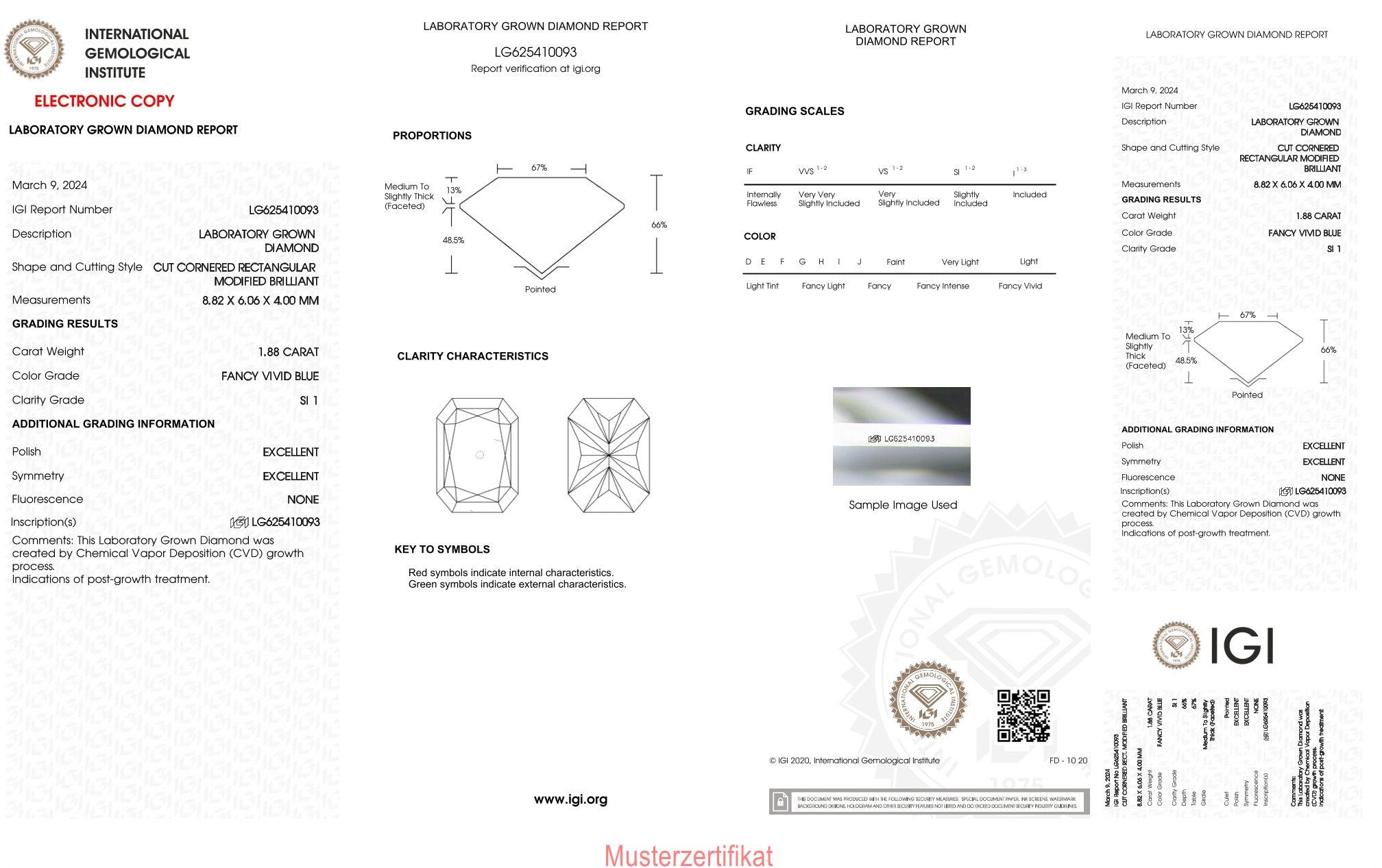 1,88ct IGI Radiant Diamant, Fancy Vivid Blau/ SI1, Labordiamant, Lab Grown, Zertifikat, CVD, HPHT