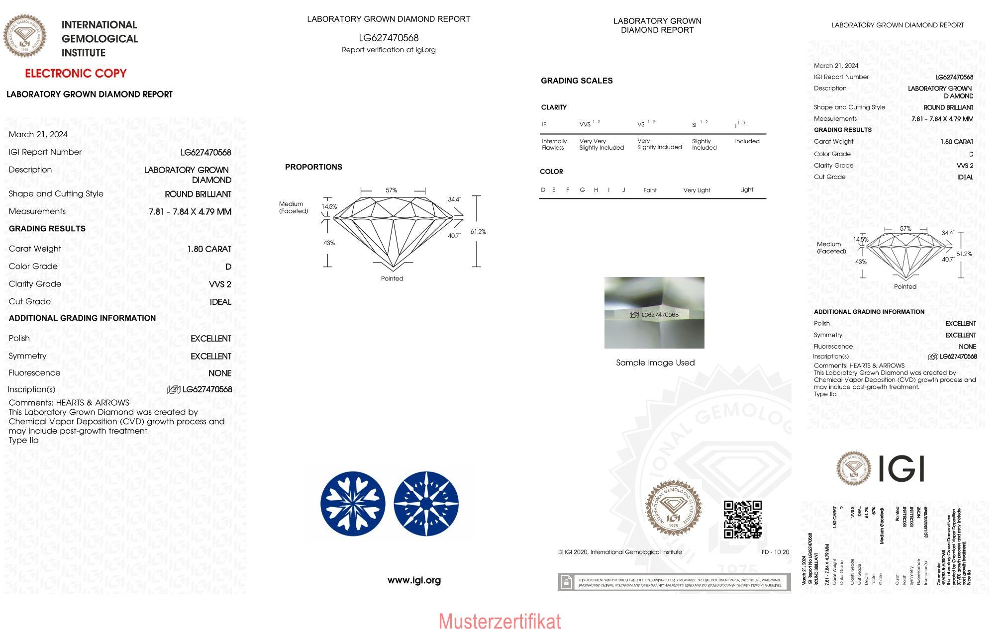 1,80ct IGI Diamant, D/ VVS2, Labordiamant, Lab Grown, Zertifikat, CVD, HPHT