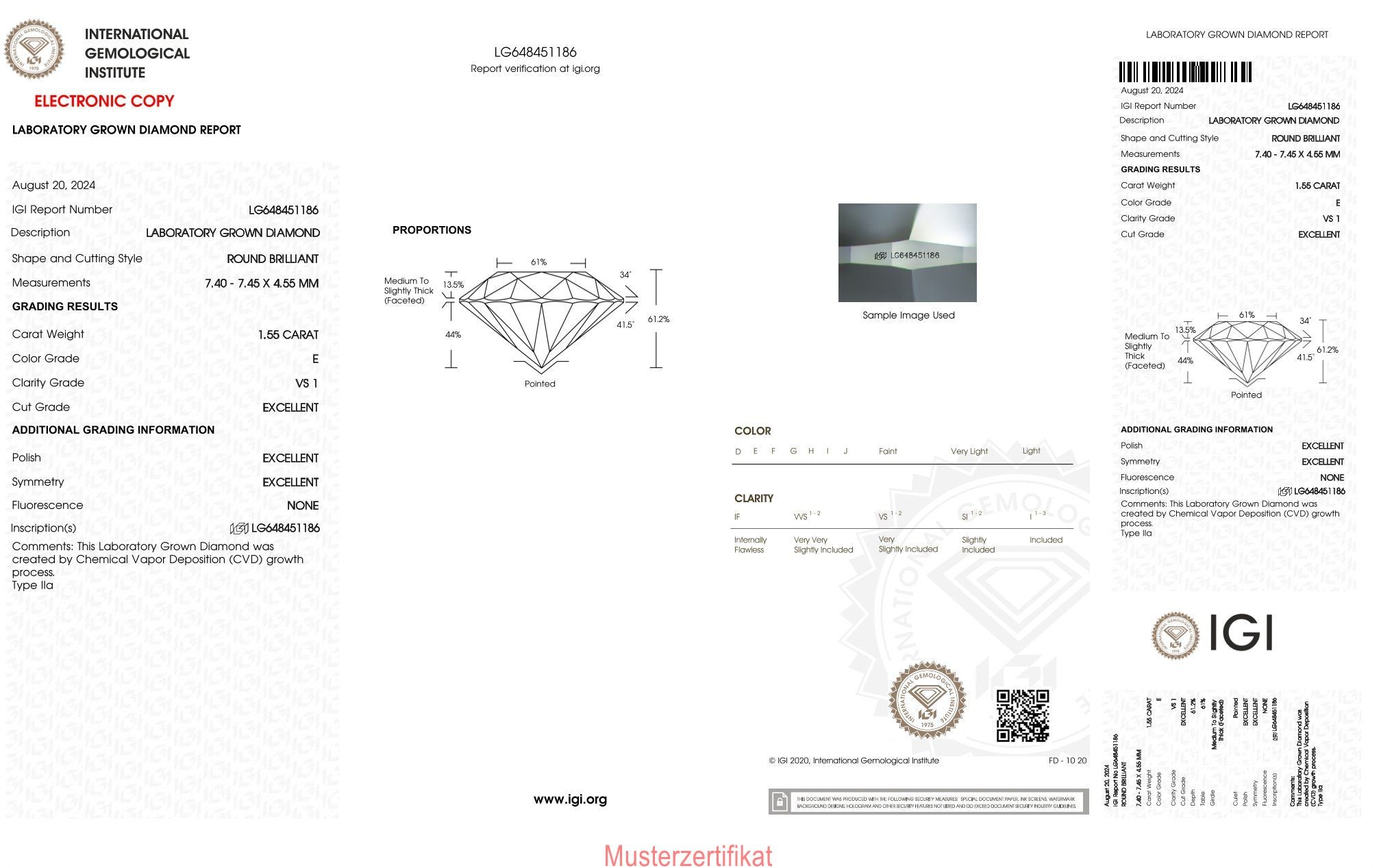 1,55ct IGI Diamant, E/ VS1, Labordiamant, Lab Grown, Zertifikat, CVD, HPHT