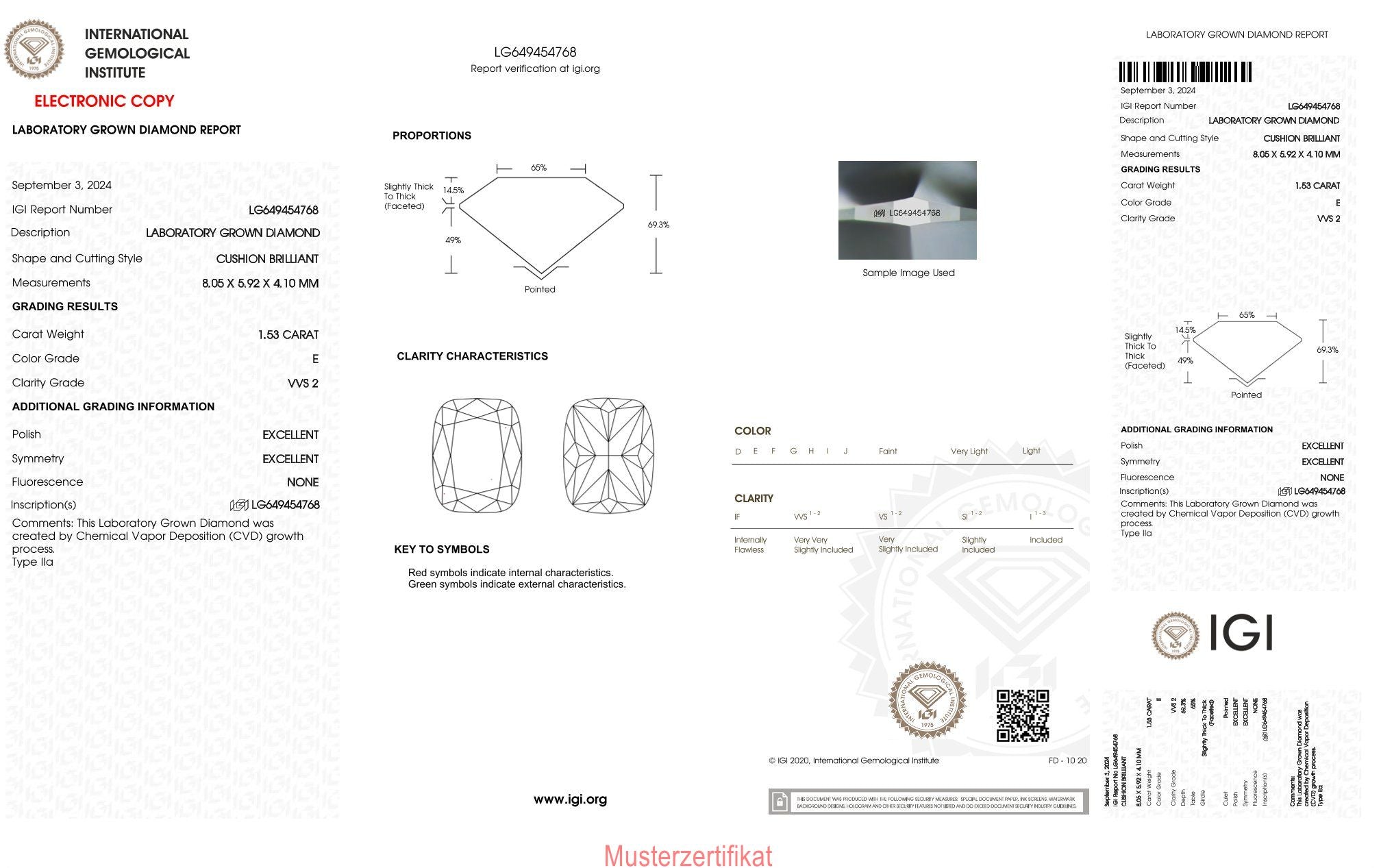 1,53ct IGI Kissen Diamant, E/ VVS2, Labordiamant, Lab Grown, Zertifikat, CVD, HPHT