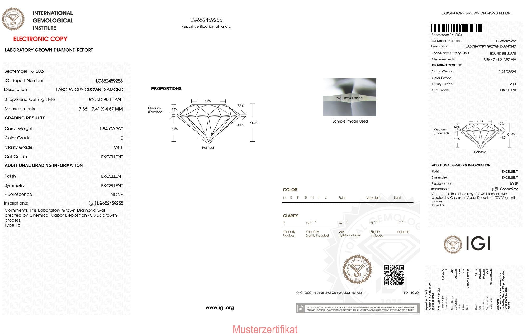 1,54ct IGI Diamant, E/ VS1, Labordiamant, Lab Grown, Zertifikat, CVD, HPHT