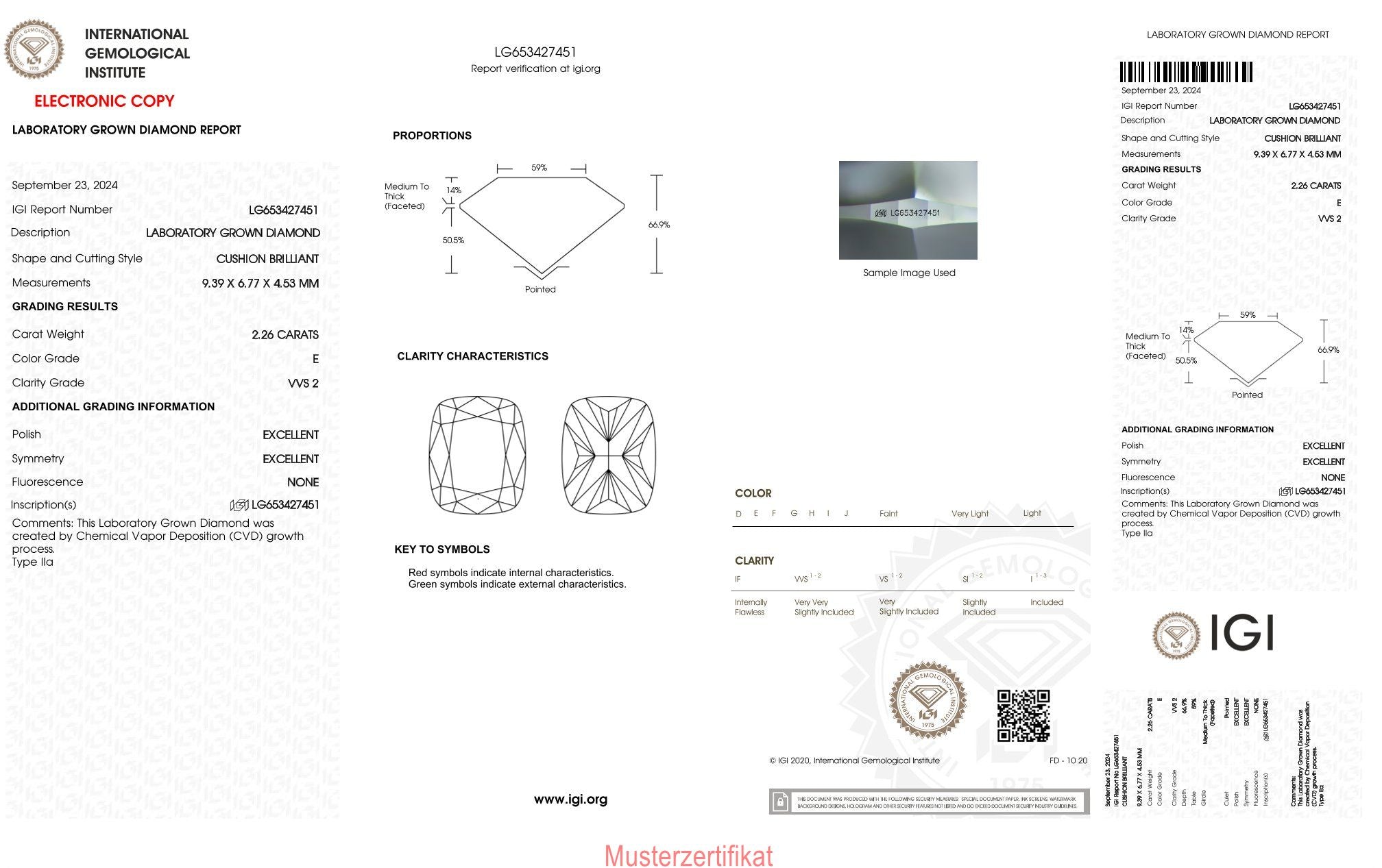 2,26ct IGI Kissen Diamant, E/ VVS2, Labordiamant, Lab Grown, Zertifikat, CVD, HPHT