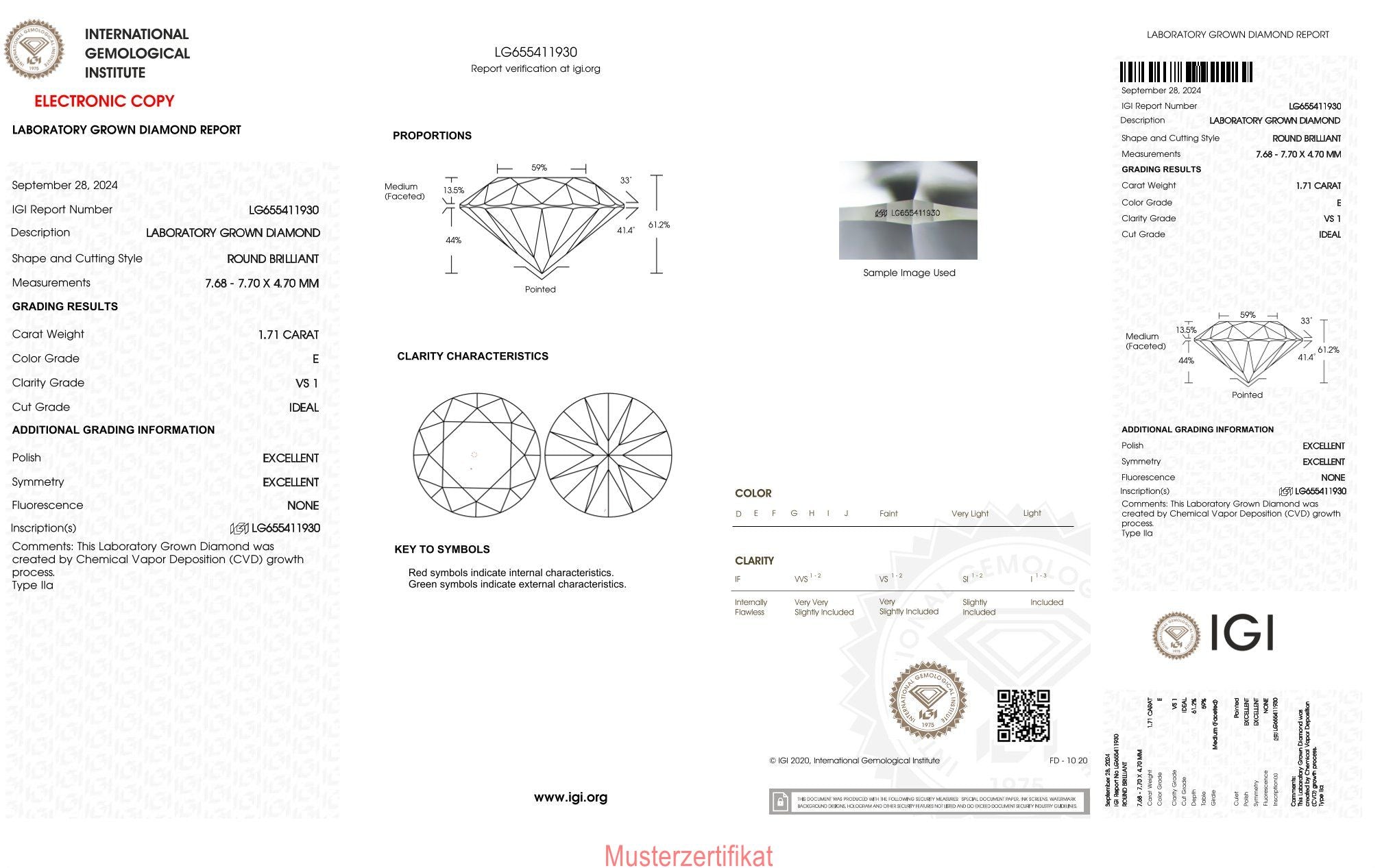 1,71ct IGI Diamant, E/ VS1, Labordiamant, Lab Grown, Zertifikat, CVD, HPHT