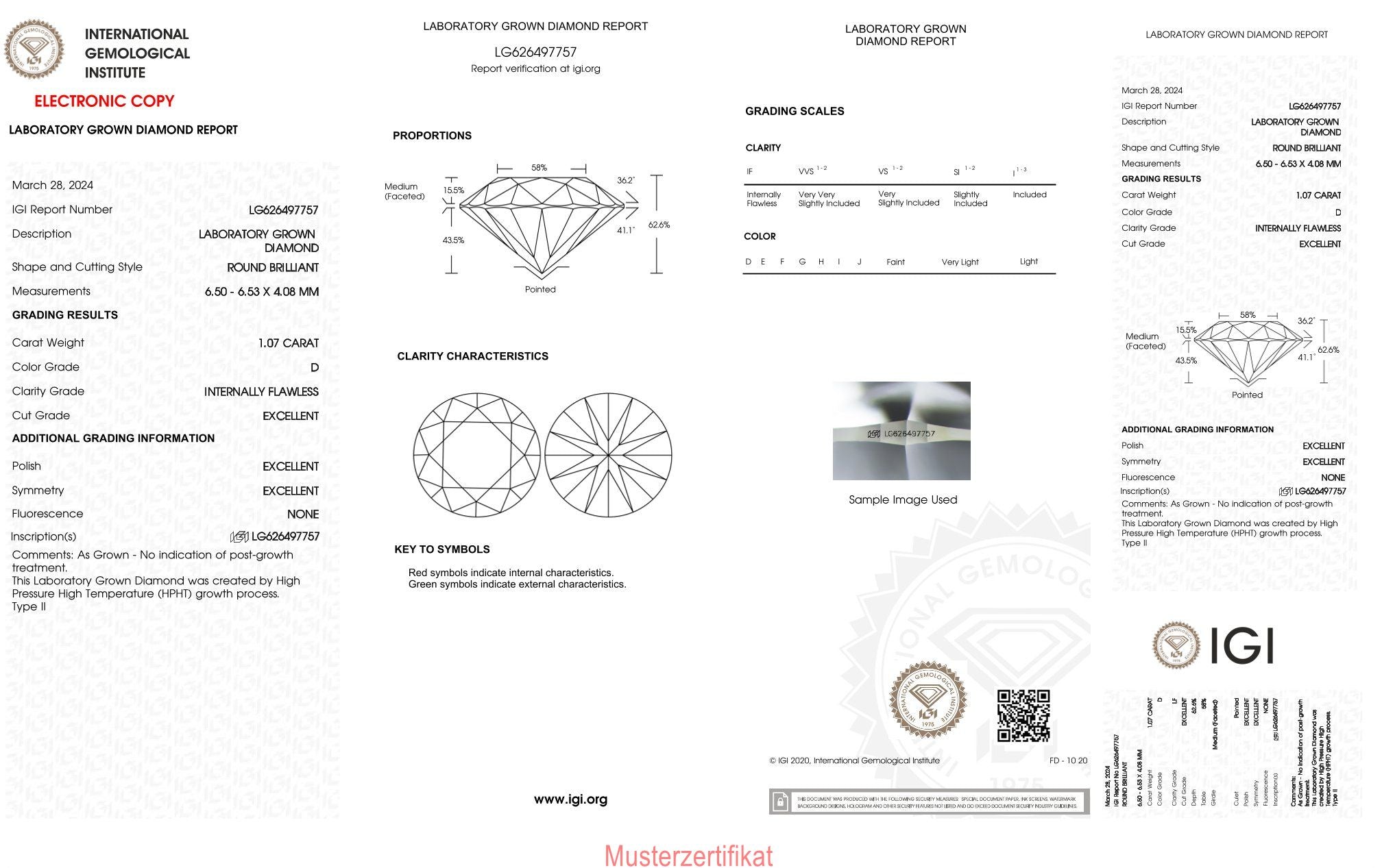 1,07ct IGI Diamant, D/ IF, Labordiamant, Lab Grown, Zertifikat, CVD, HPHT