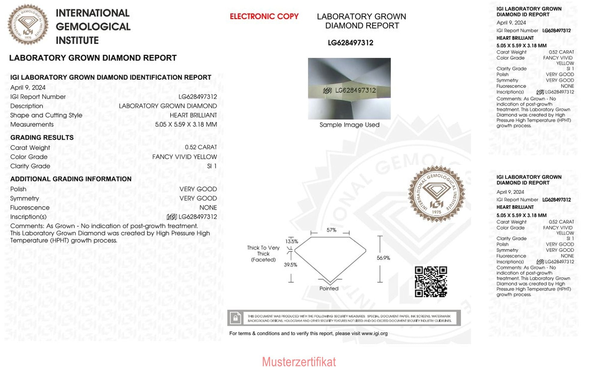 0,52ct IGI Herz Diamant, Fancy Vivid Yellow/ SI1, Labordiamant, Lab Grown, Zertifikat, CVD, HPHT