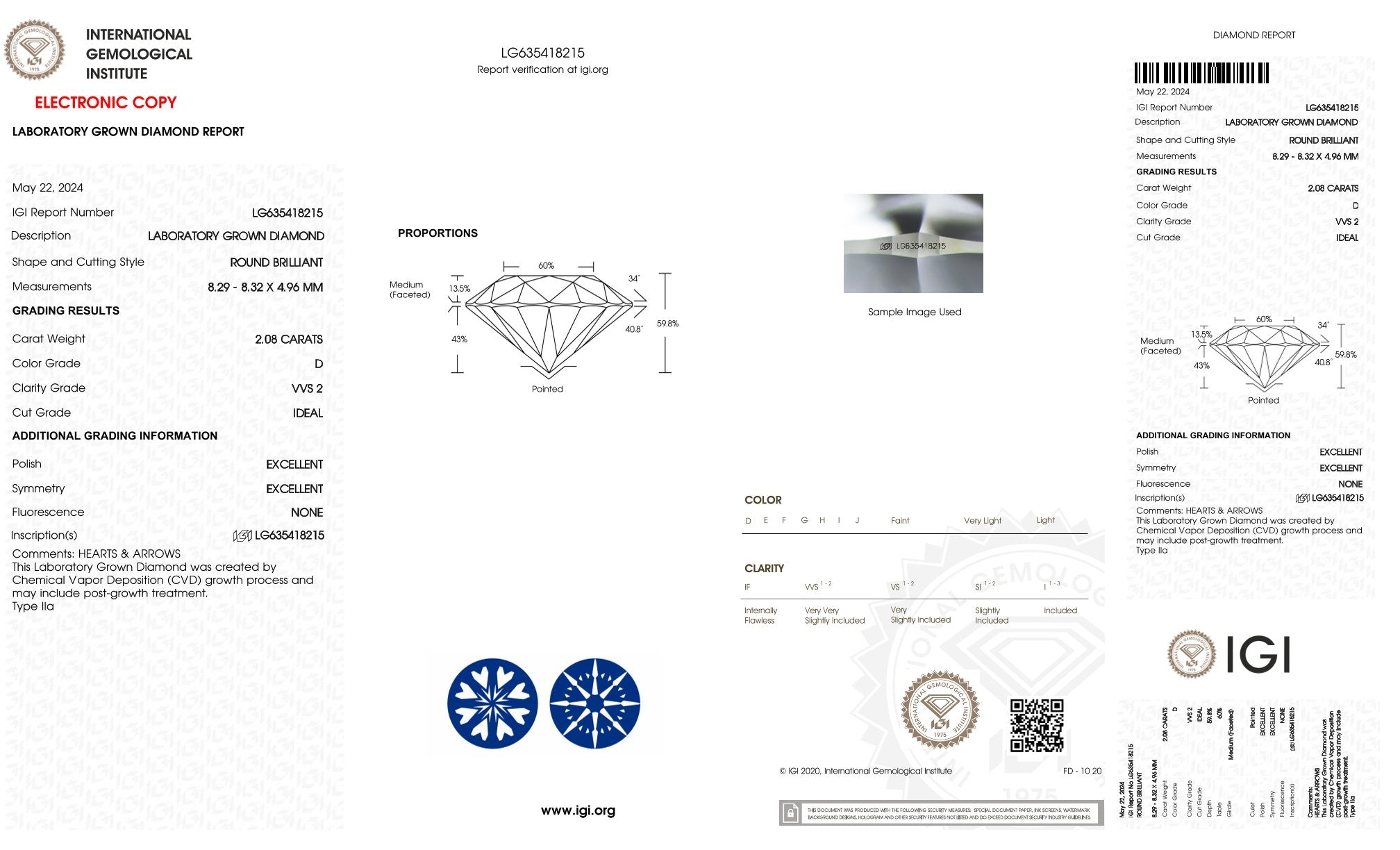 2,08ct IGI Diamant, D/ VVS2, Labordiamant, Lab Grown, CVD, HPHT, Herzen & Pfeile