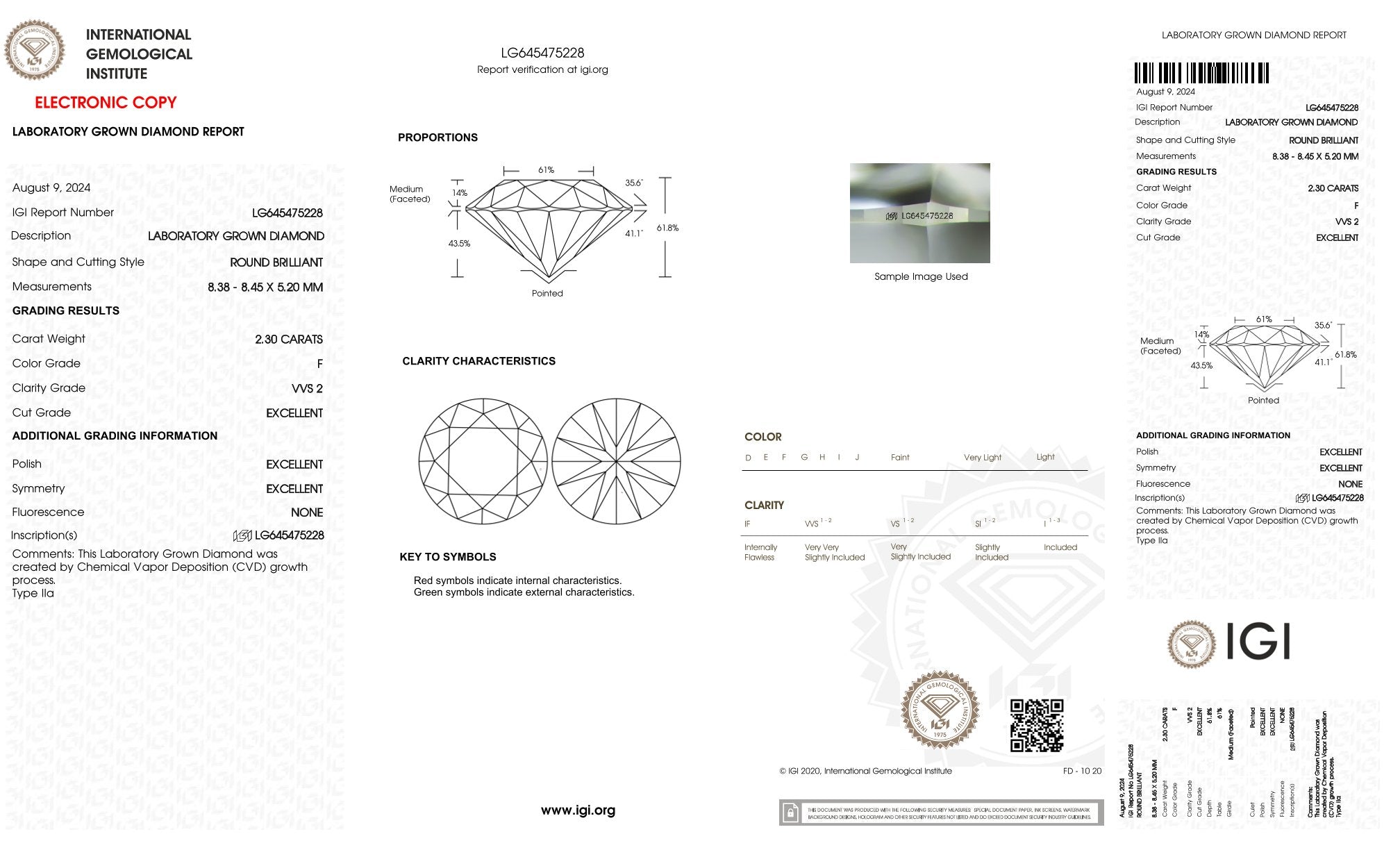 2.30ct IGI diamond, F/ VVS2, laboratory diamond, lab grown, certificate, CVD, HPHT