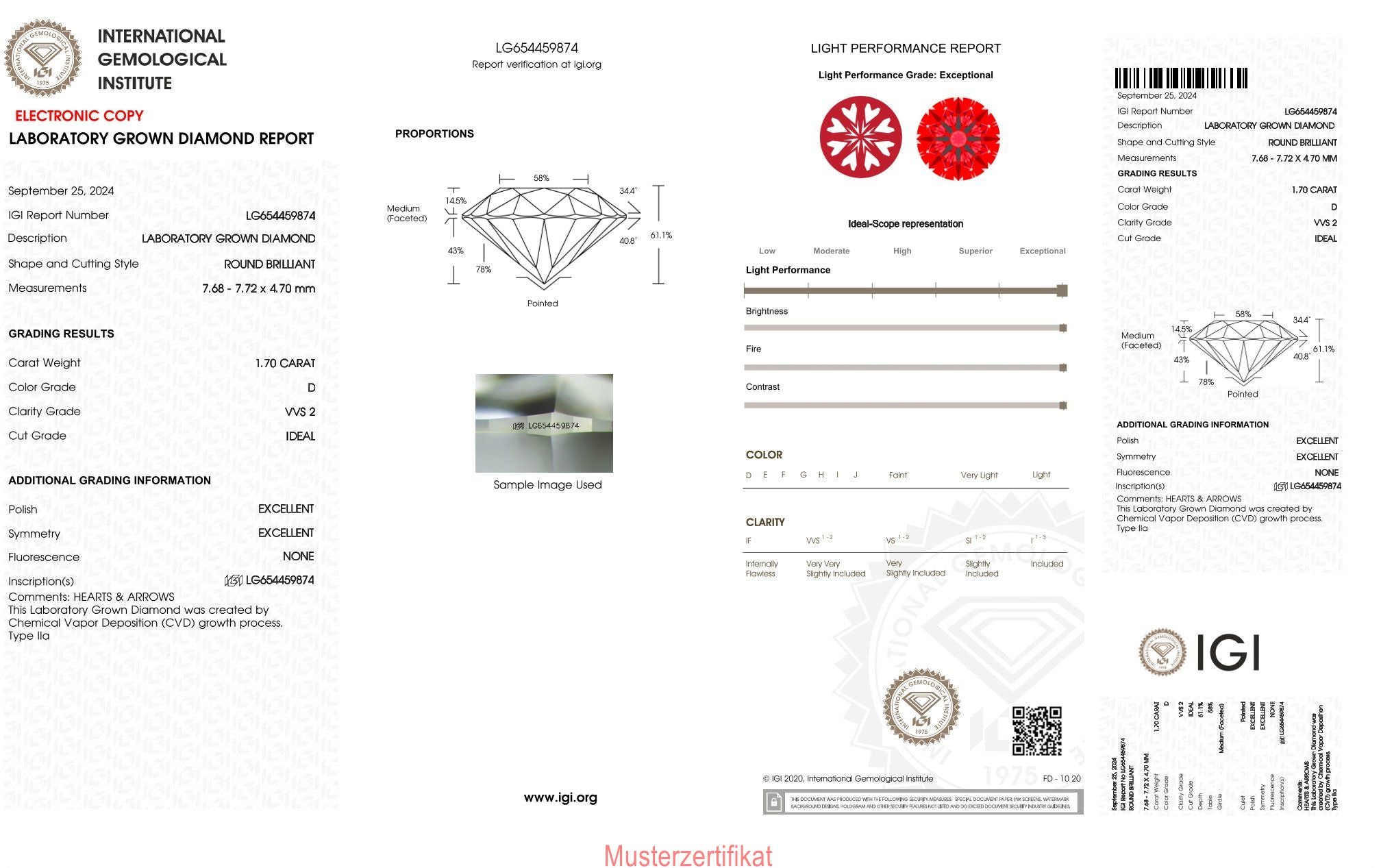 1,70ct IGI Diamant, D/ VVS2, Labordiamant, Lab Grown, Zertifikat, CVD, HPHT