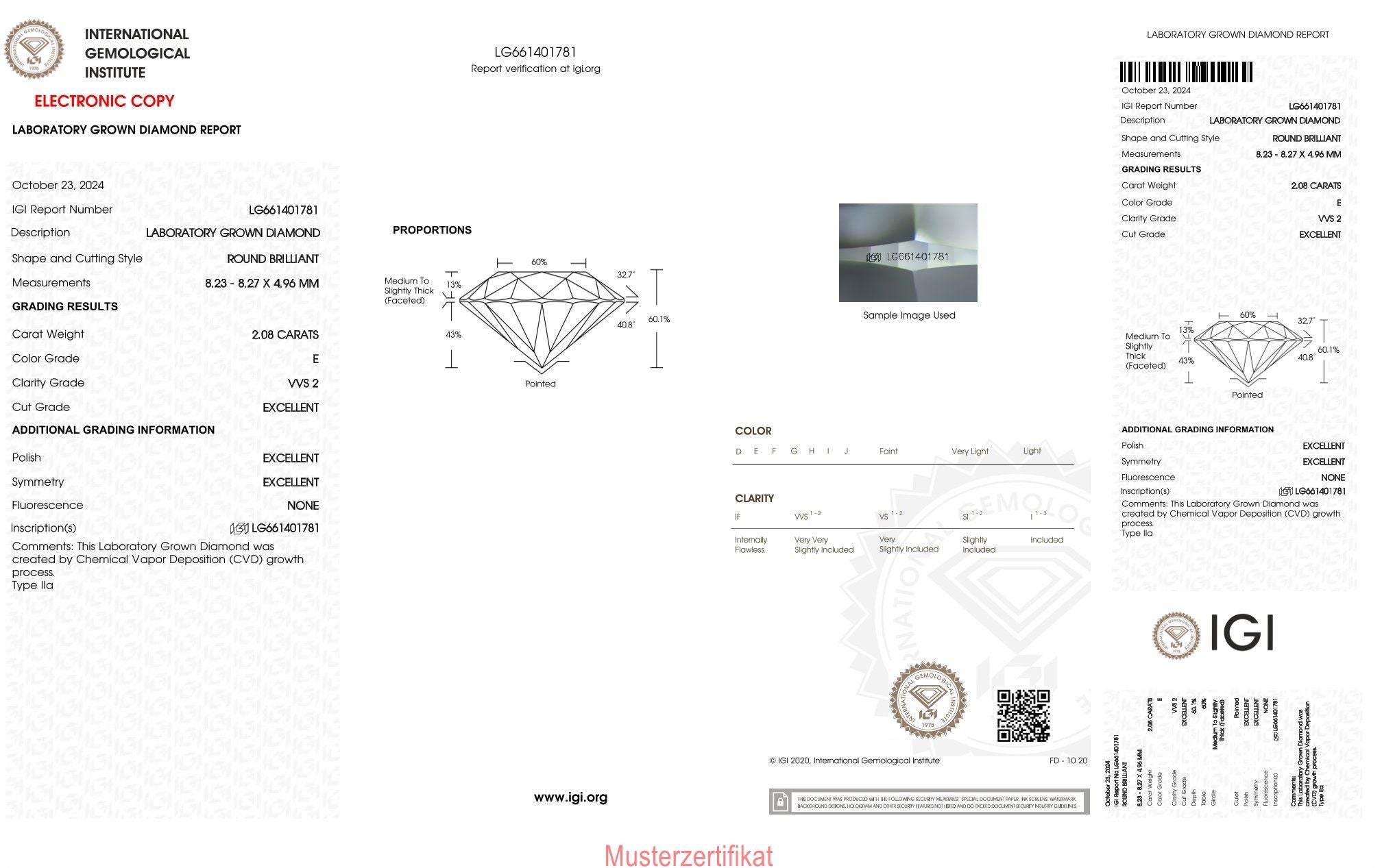 2,08ct IGI Diamant, E/ VVS2, Labordiamant, Lab Grown, Zertifikat, CVD, HPHT