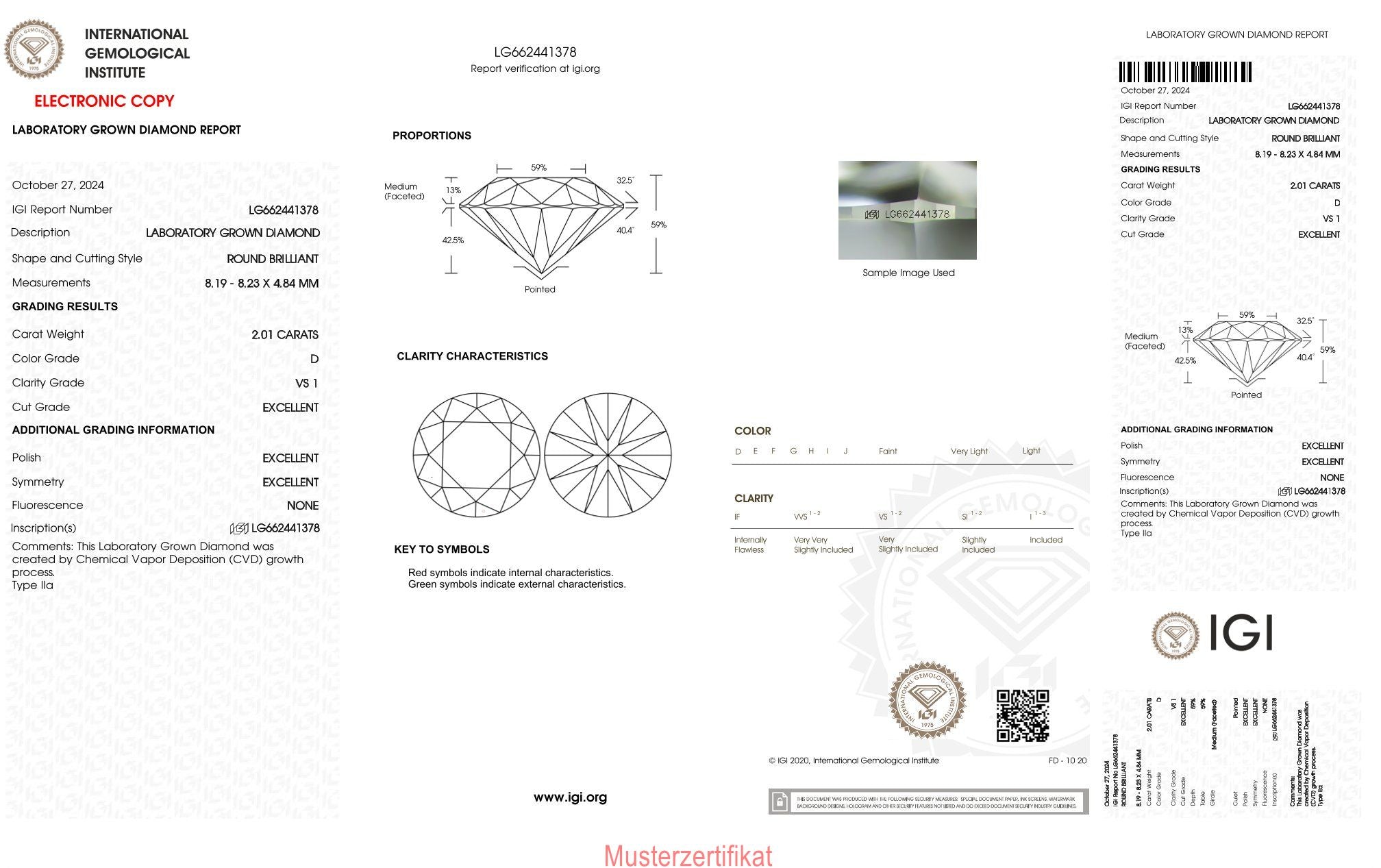 2,01ct IGI Diamant, D/ VS1, Labordiamant, Lab Grown, Zertifikat, CVD, HPHT