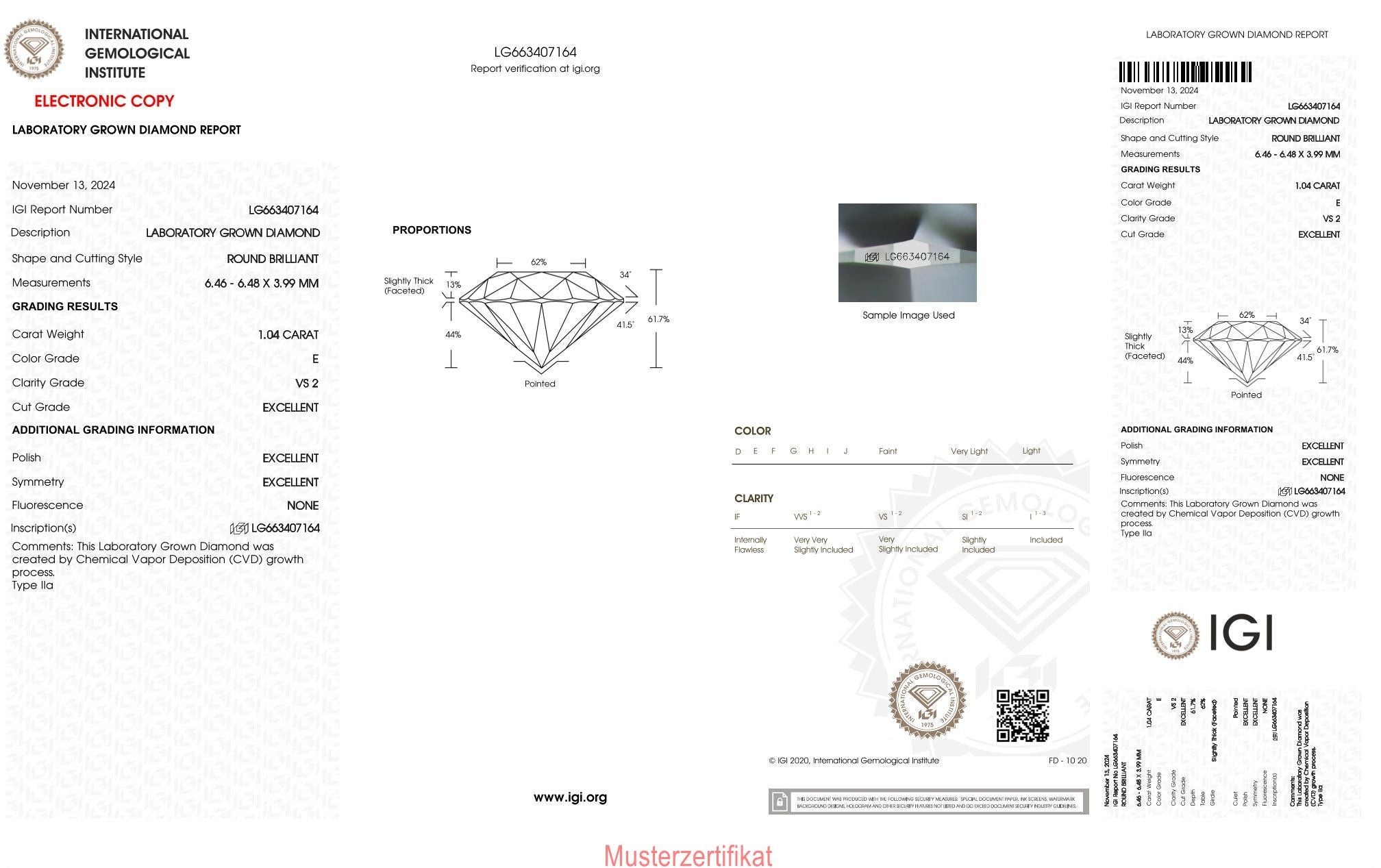 1,04ct IGI Diamant, E/ VS2, Labordiamant, Lab Grown, Zertifikat, CVD, HPHT