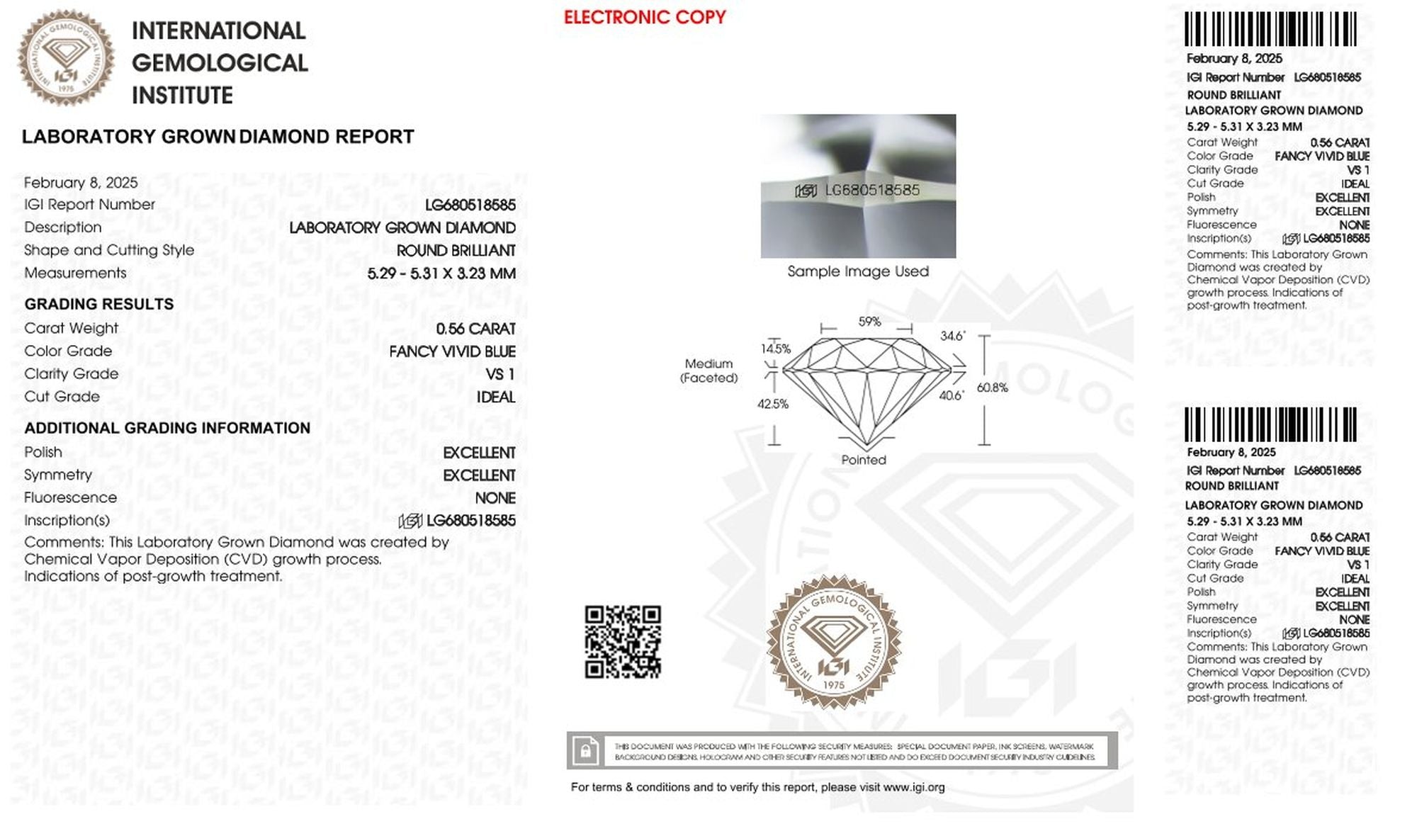 0.59ct IGI Diamond, Fancy Vivid Blue/ SI1, Laboratory Diamond, Lab Grown, Certificate, CVD, HPHT