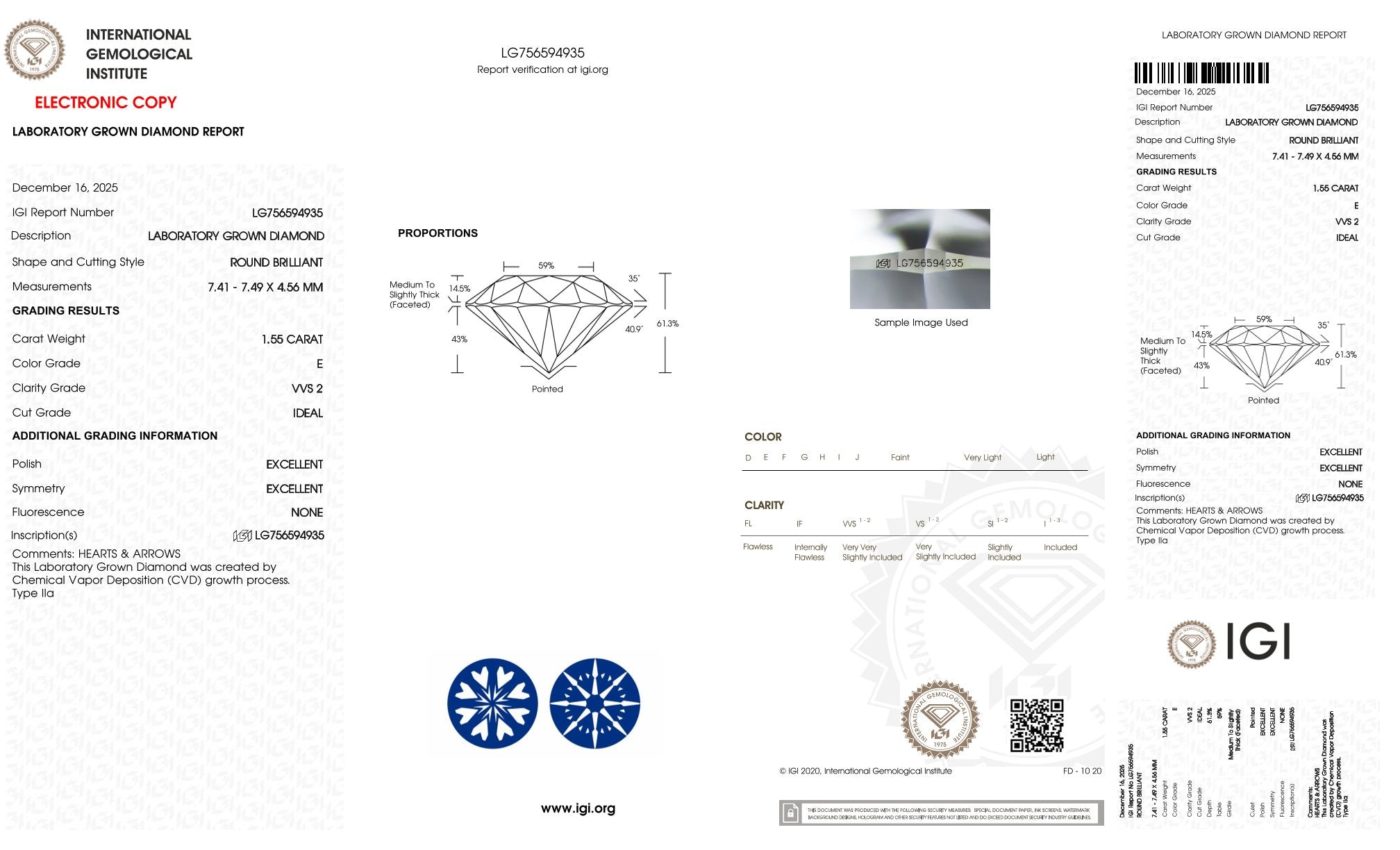 1,55ct IGI Diamant, E/ VVS2, Labordiamant, Lab Grown, CVD, HPHT, Hearts & Arrows