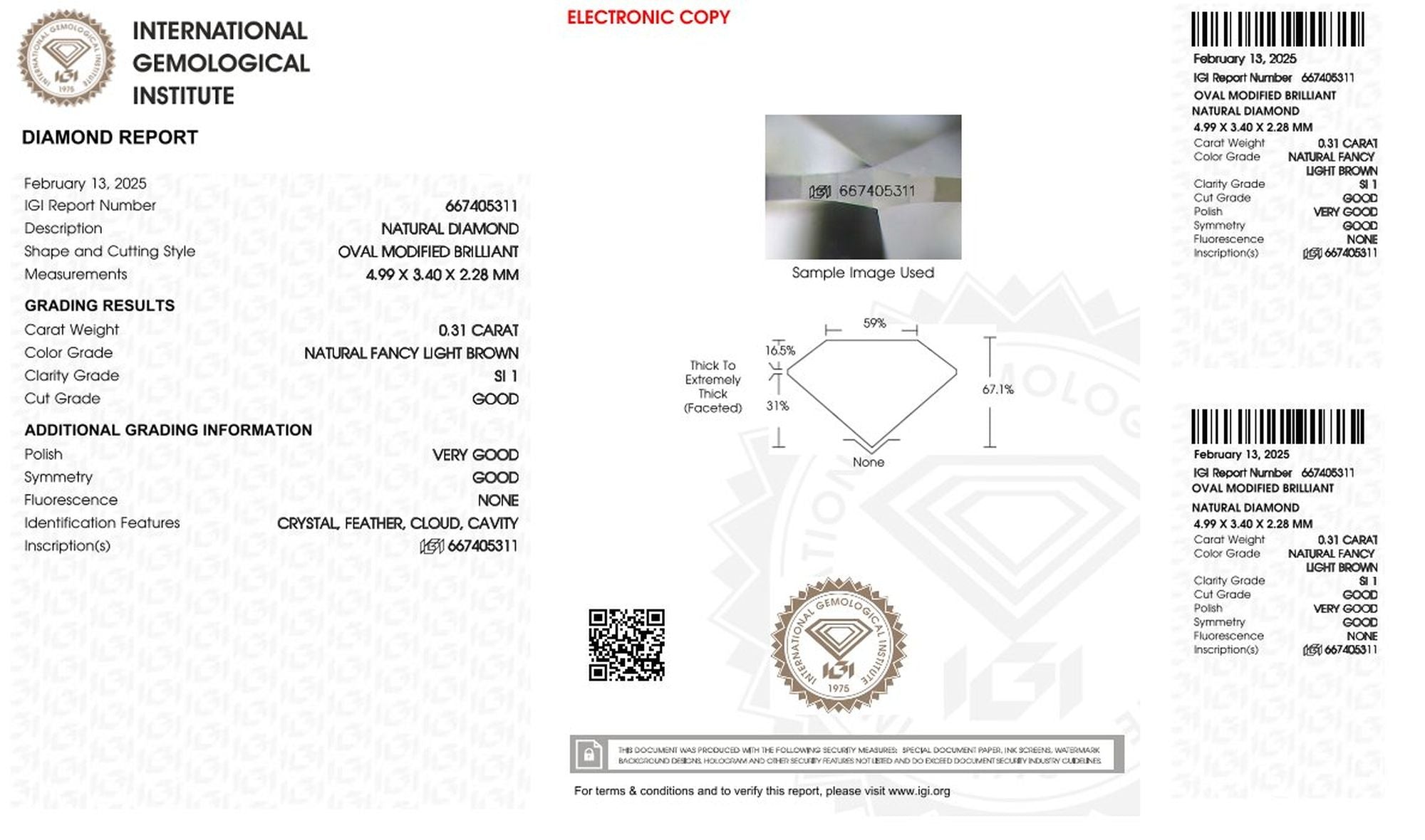 0,31 ct ovaler natürlicher IGI Fancy Diamant Braun, Reinheit SI1, Schliff GD, Zertifikat
