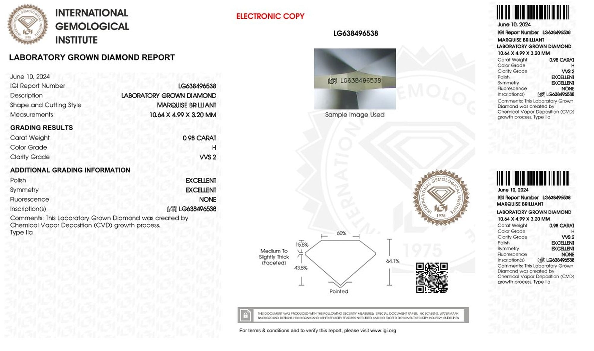 0,98ct IGI Marquise Diamant, H/ VVS2, Labordiamant, Lab Grown, Zertifikat, CVD, HPHT