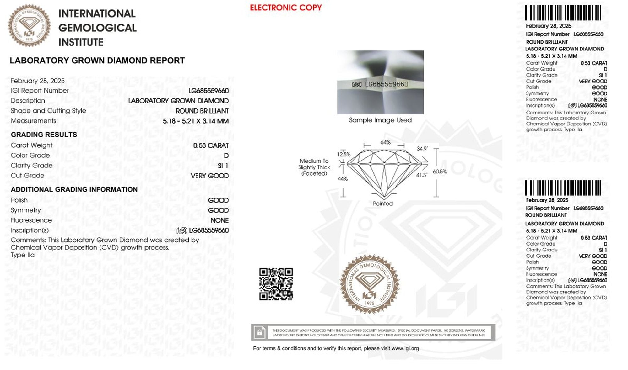 0,53ct IGI Diamant, D/ SI1, Labordiamant, Lab Grown, Zertifikat, CVD, HPHT